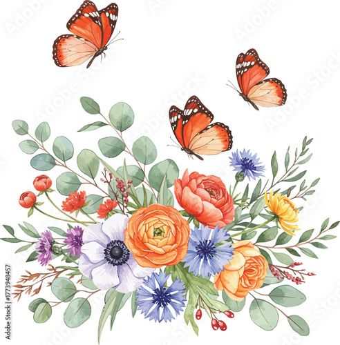 Vibrant watercolor floral arrangement with delicate orange butterflies fluttering around