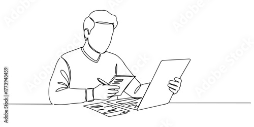 Continuous one line of a person checking bills and expenses, symbolizing budgeting and expense management, hand drawn style vector illustration.