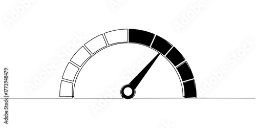 Continuous one line of credit score meter with needle pointing upwards, representing credit worthiness, style hand drawn vector illustration.