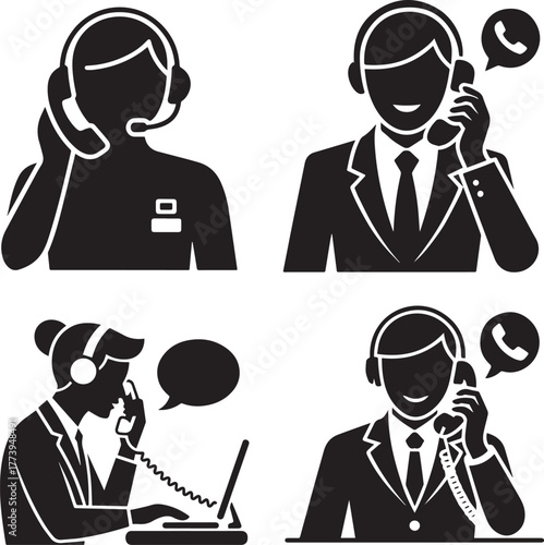 Customer Support Silhouette Icons | Call Center Agent Clipart | Business Communication Vector Set