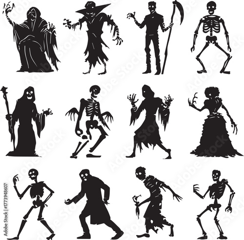 Halloween Monsters Silhouette Vector Set – Vampire, Zombie, Skeleton, and Ghost Icons