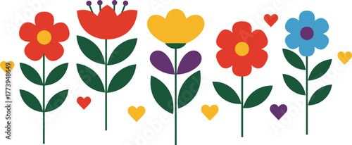 Vibrant folk art style flowers with hearts and leaves on a white background