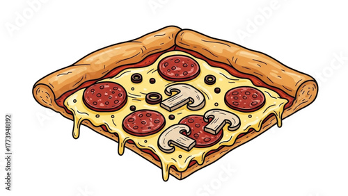 Square Pizza Slice with Pepperoni and Mushrooms Illustration
