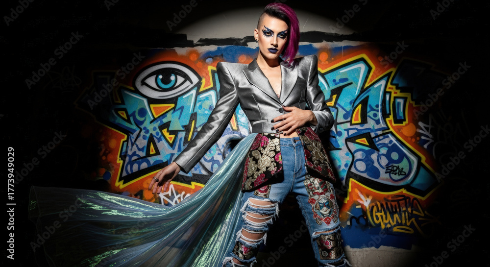 Obraz premium Androgynous model with vibrant makeup posing confidently in silver jacket and ripped jeans against a colorful graffiti wall.
