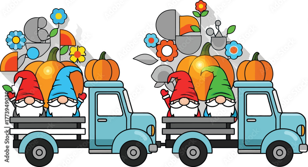 Fototapeta premium Whimsical gnomes driving teal trucks laden with autumn harvest pumpkins and decorations