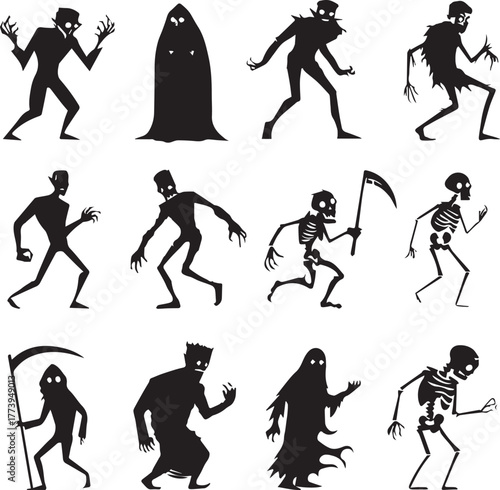 Halloween Monsters Silhouette Vector Set – Vampire, Zombie, Skeleton, and Ghost Icons