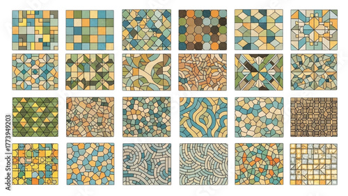 A mosaic of abstract geometric and organic patterns in calming blue and green tones