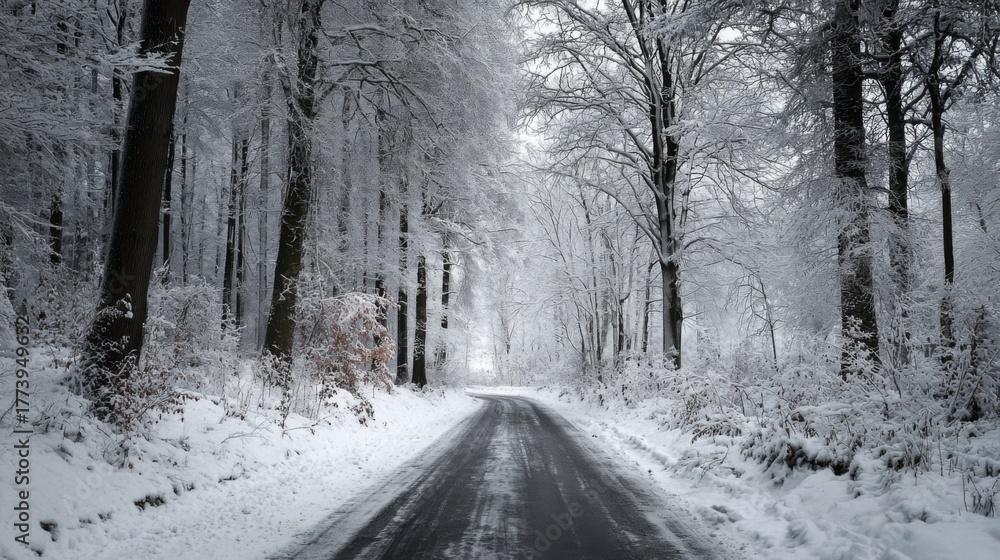 Obraz premium wintry road winding through snowy woods