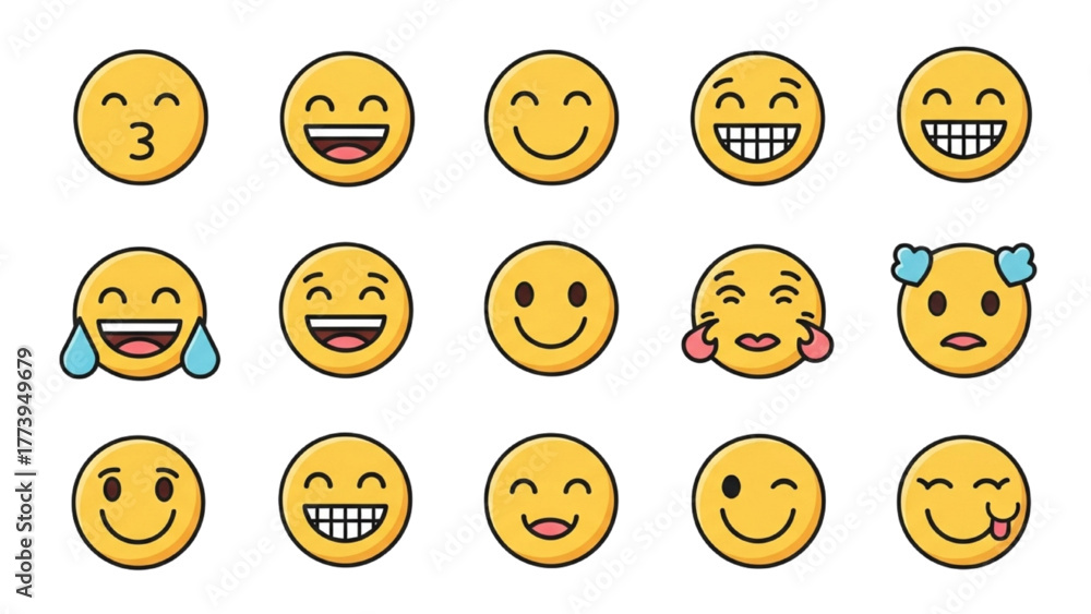 Fototapeta premium Diverse Collection of Round Yellow Emoji Faces Expressing Varied Emotions