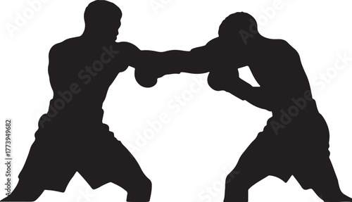 Boxing match silhouette of two male boxers in action combat sport