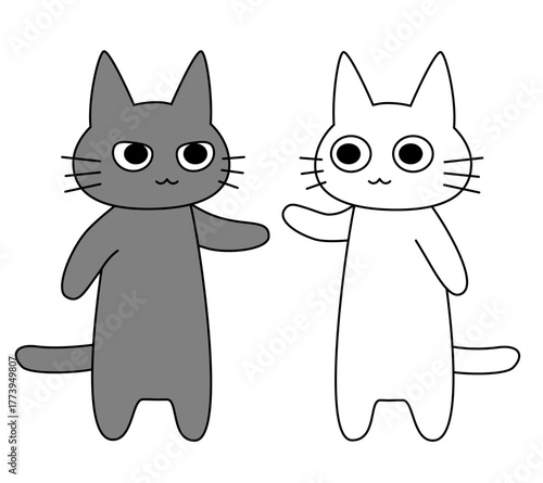 白と黒の猫が並んで挨拶をしているかわいいベクターキャラクター。フラットデザインで表現されたシンプルで親しみやすいネコのペアイラスト