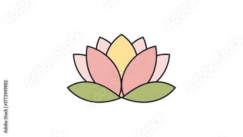 Minimalist graphic illustration of a blooming lotus flower, symbolizing purity, spiritual growth, and tranquility