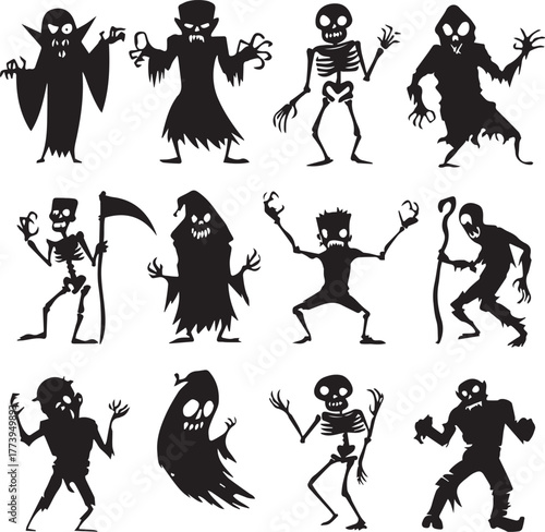Halloween Monsters Silhouette Vector Set – Vampire, Zombie, Skeleton, and Ghost Icons
