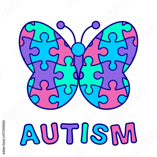 Autism awareness butterfly with puzzle pattern. Symbol of autism acceptance and support. Vector illustration. Autism spectrum social campaigns promoting inclusion, love, potential and understanding.