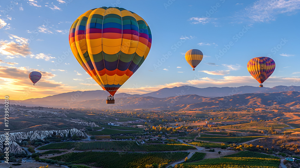 Obraz premium Aerial scene of multiple hot air balloons gliding over Temecula Valley during twilight, glowing colors against soft sky tones, representing adventure tourism and serene travel moments