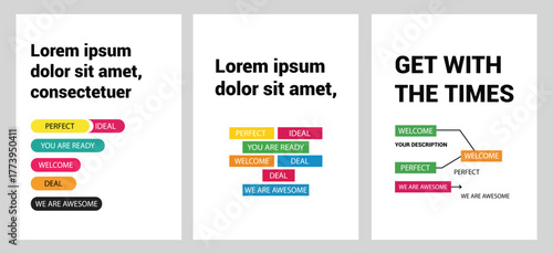 A modern set of three vertical posters or presentation slides showcasing various colorful infographic tags with positive business and marketing concepts on a clean white background.