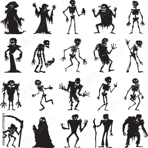 Halloween Monsters Silhouette Vector Set – Vampire, Zombie, Skeleton, and Ghost Icons