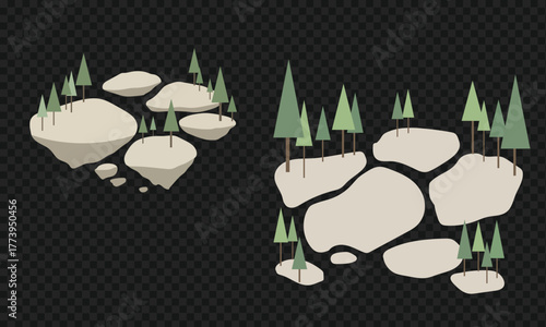 Stylized vector illustration featuring multiple isolated floating islands or geometric rock masses populated by simple evergreen pine trees, suspended in mid-air.