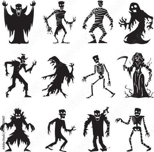 Halloween Monsters Silhouette Vector Set – Vampire, Zombie, Skeleton, and Ghost Icons