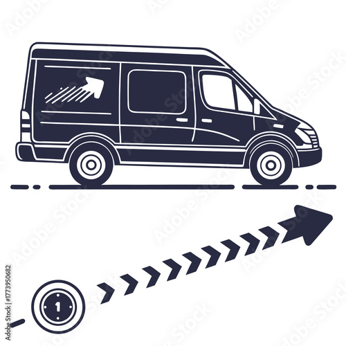 Delivery Van Moving Forward with Progress Arrow and Timer Icon vector illustration