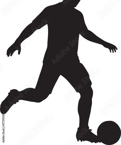 Soccer player silhouette kicking ball action shot on white background