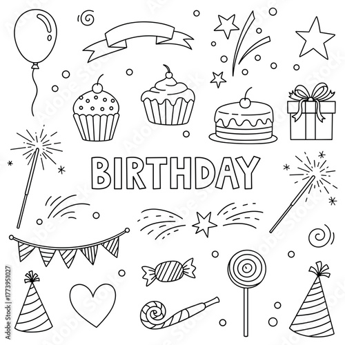 Birthday celebration doodle with cupcakes, balloons, and sparklers