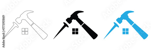 Carpenter's house logo vector illustration design, wood worker, workshop, icon, symbol,Hammer, nails, and house icon for construction and repair,editable stroke