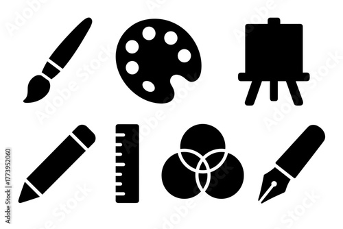 Set of black silhouette art and design icons including paintbrush palette easel pencil ruler color wheel and pen on white background for creativity and graphic design concept