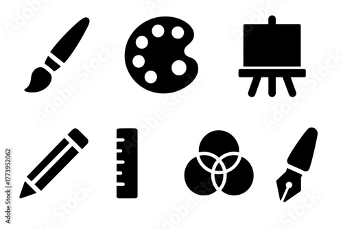 Set of Six Black Art And Design Icons Including Paintbrush Palette Easel Pencil Ruler and Color Wheel Against White Background