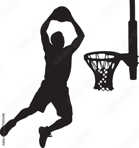 Basketball Player Silhouette Performing Slam Dunk Near Net Isolated Art