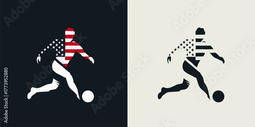 Modern abstract soccer player logo with USA flag pattern symbolizing American sports pride