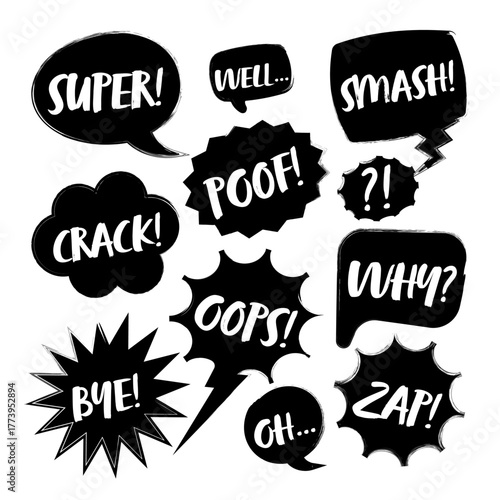 Grunge comic speech bubbles with handwritten text, brush strokes, ink smudges, acrylic stains or charcoal streaks. Hand drawn retro cartoon stickers. Chatting, message box. Vector illustration