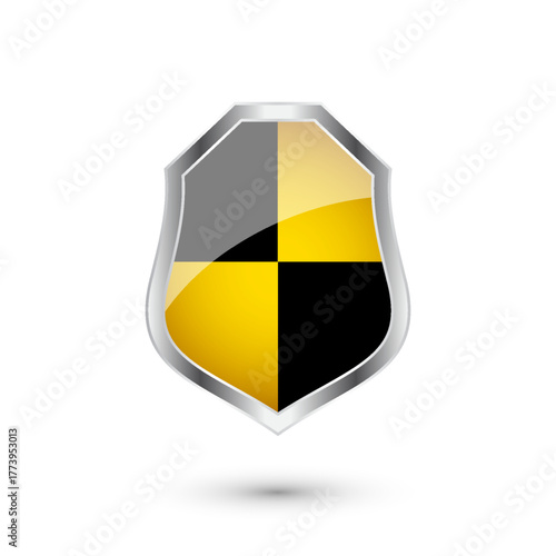 Glossy shield with yellow and black pattern. Security and protection concept. Cyber safety icons, internet privacy, web defense, digital data protection and antivirus themes. Vector illustration