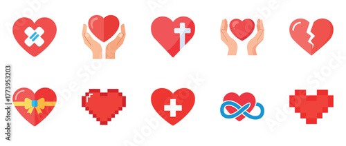 Collection of heart icons featuring healing, love, and symbolic designs