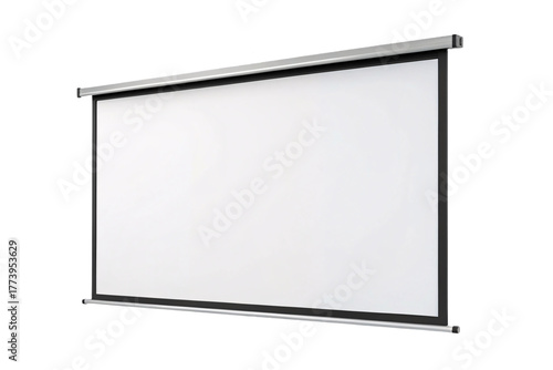 Electric pull-down projection screen with silver aluminum casing, black border, white viewing surface, extended position showing full rectangular display area with mounting hardware