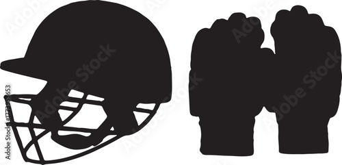 Iconic Cricket Helmet and Boxing Gloves in Black Silhouette Graphic Design