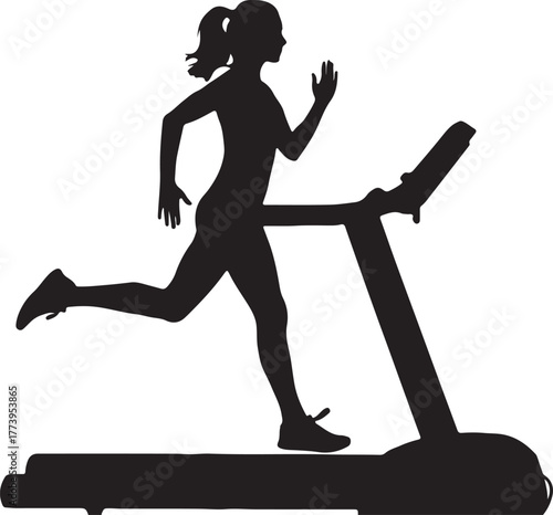 Silhouette of woman running on treadmill for fitness and cardio workout