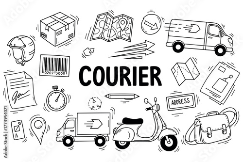 Courier service icons: delivery van, map, package, helmet, stopwatch illustrations