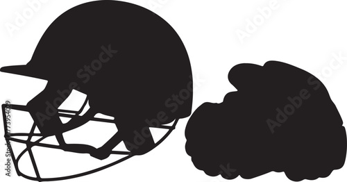 Black and white vector image of cricket helmet and glove