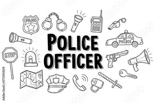 Police officer essentials: handcuffs, badge, flashlight, and patrol car illustration
