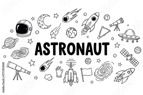 Space adventure doodles: rockets, planets, and astronaut themed illustration