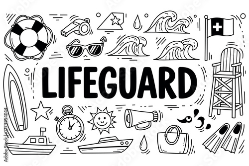 Lifeguard equipment and symbols: rescue, safety, and ocean waves doodle illustration