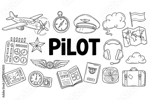 Aviation elements: airplane, compass, pilot hat, and aviation symbols in black and white