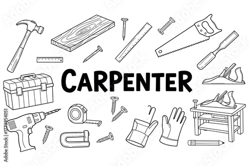 Hand-drawn carpenter tools set with hammer, saw, drill, and toolbox
