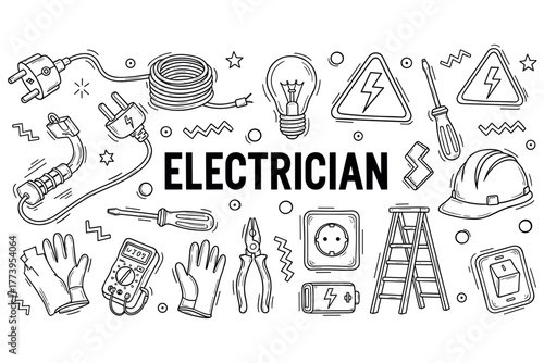 Hand-drawn electrician tools and equipment sketch with various devices and safety gear