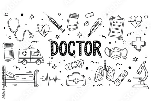 Medical tools and symbols in doodle art style for healthcare themes