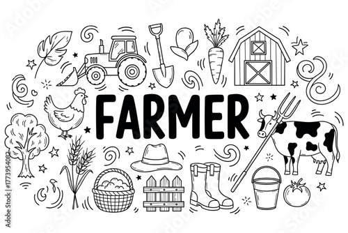 Farm life icons: tractor, barn, chicken, cow, and vegetables in black and white illustration