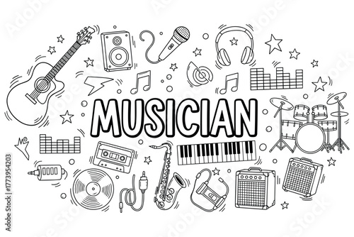 Musician instruments sketch with guitar, drums, microphone, and saxophone