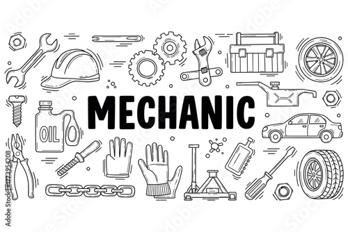 Mechanic tools and equipment: wrenches, gears, chains, oil, and car parts illustration
