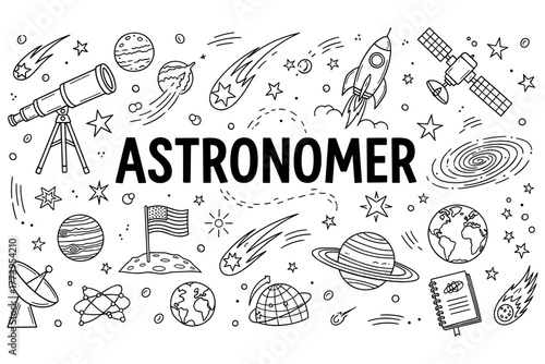 Hand-drawn astronomical elements with telescope, planets, and rocket